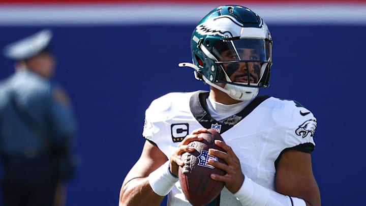 Oct 20, 2024; East Rutherford, New Jersey, USA; Philadelphia Eagles quarterback Jalen Hurts (1) drops back to pass during the first half against the New York Giants at MetLife Stadium. Oct 20, 2024; East Rutherford, New Jersey, USA; Philadelphia Eagles quarterback Jalen Hurts (1) drops back to pass during the first half against the New York Giants at MetLife Stadium.