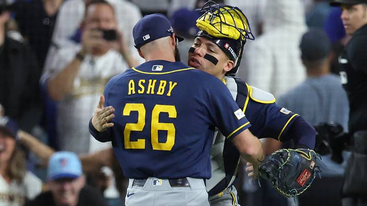 Oct 15, 2026; Los Angeles, California, USA; Milwaukee Brewers pitcher Aaron Ashby (26) celebrates with catcher William Contreras (24) after winning the NLCS for the 2026 MLB Playoffs against the Los Angeles Dodgers at Uniqlo Field at Dodger Stadium. Mandatory Credit: Kiyoshi Mio-Imagn Images Oct 15, 2026; Los Angeles, California, USA; Milwaukee Brewers pitcher Aaron Ashby (26) celebrates with catcher William Contreras (24) after winning the NLCS for the 2026 MLB Playoffs against the Los Angeles Dodgers at Uniqlo Field at Dodger Stadium. Mandatory Credit: Kiyoshi Mio-Imagn Images