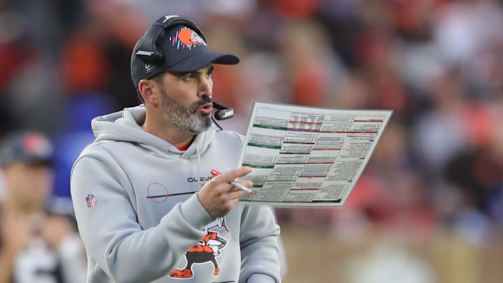 Browns head coach Kevin Stefanski calls plays during the second half against the Arizona Cardinals, Sunday, Oct. 17, 2021, in Cleveland.