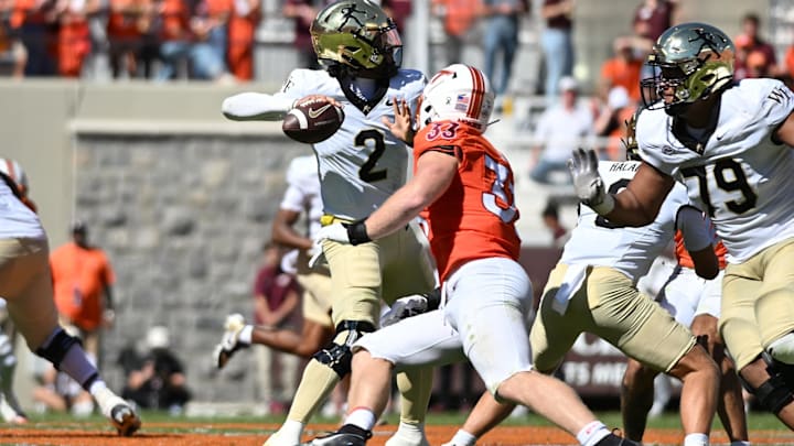 Oct 4, 2025; Blacksburg, Va.; Wake Forest quarterback Robby Ashford (2) is pressured by Virginia Tech defensive lineman Ben Bell (33).