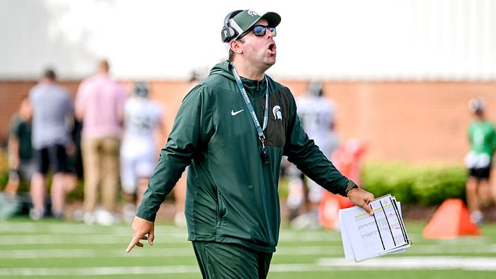 Michigan State’s offensive coordinator Nick Sheridan calls out to players during football practice on Monday, Aug. 17, 2026, in East Lansing.