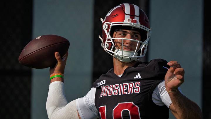 Indiana's Josh Hoover (10) during Indiana University's football camp practice on Wednesday, Aug. 5, 2026.