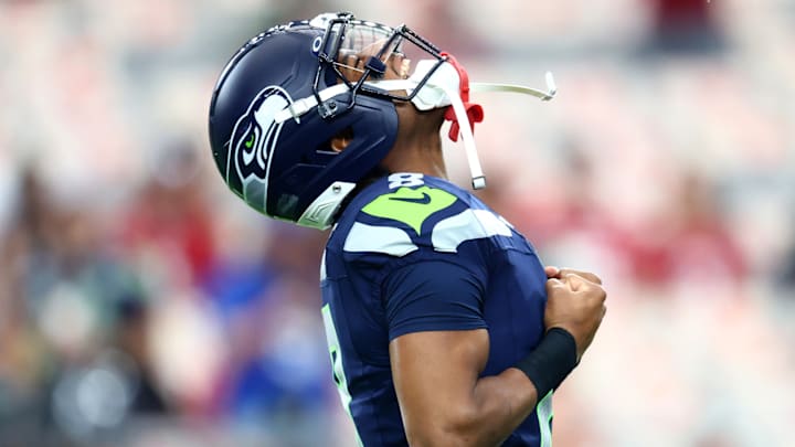 Sep 25, 2025; Glendale, Arizona, USA; Seattle Seahawks safety Coby Bryant (8) warms up before the game against the Arizona Cardinals at State Farm Stadium. Sep 25, 2025; Glendale, Arizona, USA; Seattle Seahawks safety Coby Bryant (8) warms up before the game against the Arizona Cardinals at State Farm Stadium.