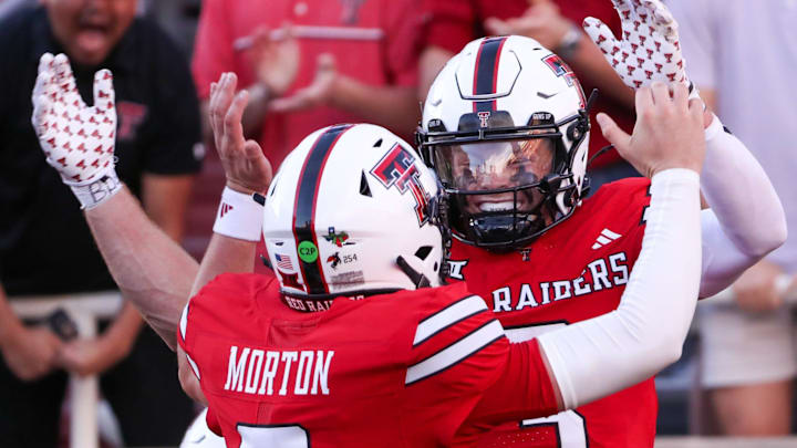 Texas Tech's Coy Eakin celebrates his touchdown catch with Behren Morton (2) against Arkansas-Pine Bluff during a non-conference football game, Saturday, August 30, 2025, at Jones AT&T Stadium. Texas Tech's Coy Eakin celebrates his touchdown catch with Behren Morton (2) against Arkansas-Pine Bluff during a non-conference football game, Saturday, August 30, 2025, at Jones AT&T Stadium.