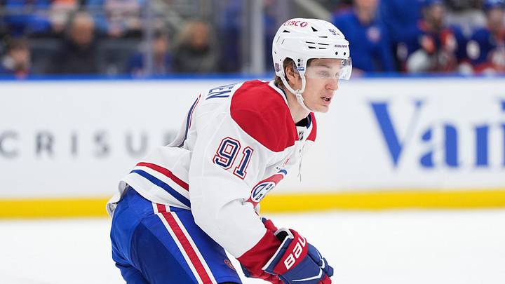 Apr 12, 2026; Elmont, New York, USA; Montreal Canadiens center Oliver Kapanen (91) during the third period against the New York Islanders at UBS Arena. Mandatory Credit: Alexander Wohl-Imagn Images