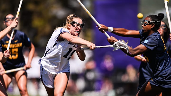 Northwestern Wildcats midfielder Samantha Smith scores a goal in the NCAA Tournament Quarterfinals vs. Michigan on 5/11/25. Northwestern Wildcats midfielder Samantha Smith scores a goal in the NCAA Tournament Quarterfinals vs. Michigan on 5/11/25.