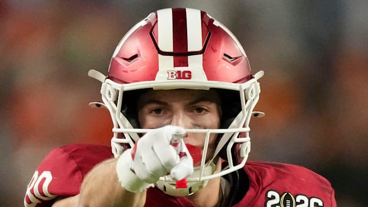 Indiana Hoosiers wide receiver Charlie Becker (80) reacts after making a catch Monday, Jan. 19, 2026, during the College Football Playoff National Championship college football game against the Miami (FL) Hurricanes at Hard Rock Stadium in Miami Gardens.