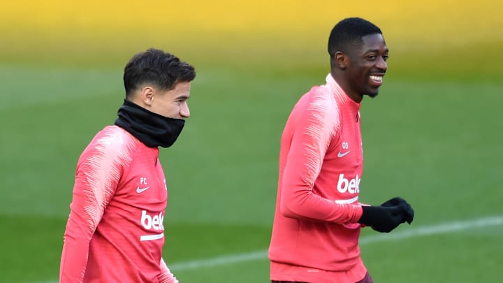 Philippe Coutinho, Ousmane Dembele en un entrenamiento con el Barcelona