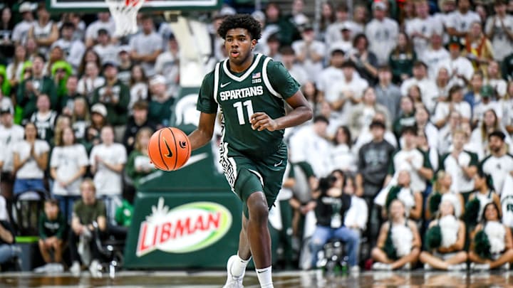 Michigan State's Jase Richardson moves the ball against Niagara during the first half on Thursday, Nov. 7, 2024, at the Breslin Center in East Lansing.