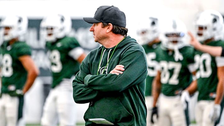 Michigan State head coach Jonathan Smith looks on during practice on Tuesday, April 8, 2025, in East Lansing.