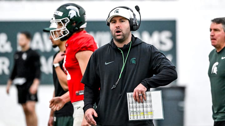 Michigan State's offensive coordinator Nick Sheridan works with the team during spring football practice on Tuesday, March 24, 2026, in East Lansing.