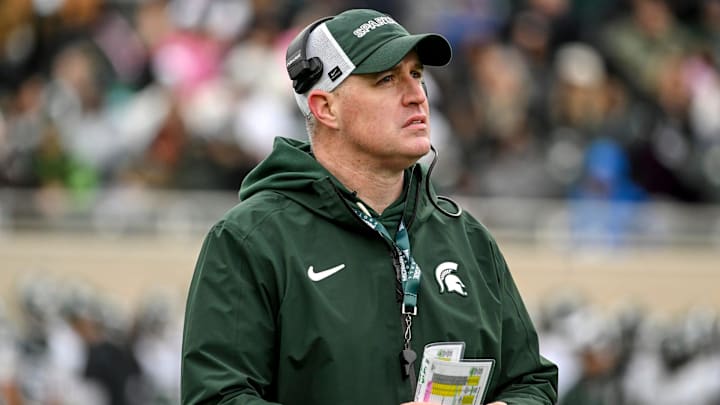 Michigan State's head coach Pat Fitzgerlad looks on during the football Spring Showcase on Saturday, April 18, 2026, at Spartan Stadium in East Lansing.
