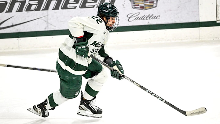 Michigan State's Isaac Howard moves the puck against Minnesota during the first period on Saturday, Jan. 25, 2025, at Munn Arena in East Lansing.