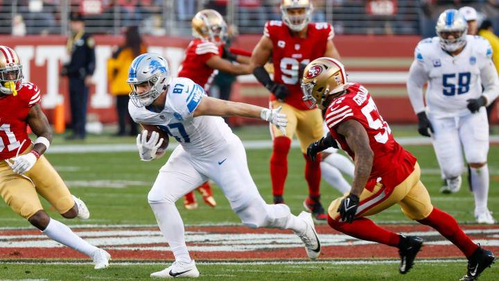 Lions tight end Sam LaPorta runs the ball around 49ers linebacker Dre Greenlaw in the second quarter of the NFC championship game at Levi's Stadium in Santa Clara, California, on Sunday, Jan. 28, 2024. Lions tight end Sam LaPorta runs the ball around 49ers linebacker Dre Greenlaw in the second quarter of the NFC championship game at Levi's Stadium in Santa Clara, California, on Sunday, Jan. 28, 2024.
