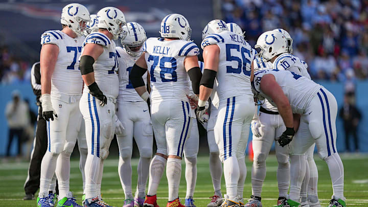 The Indianapolis Colts offensive line gathers before a play Sunday, Dec. 3, 2023, during a game against the Tennessee Titans at Nissan Stadium in Nashville, Tenn. The Indianapolis Colts offensive line gathers before a play Sunday, Dec. 3, 2023, during a game against the Tennessee Titans at Nissan Stadium in Nashville, Tenn.