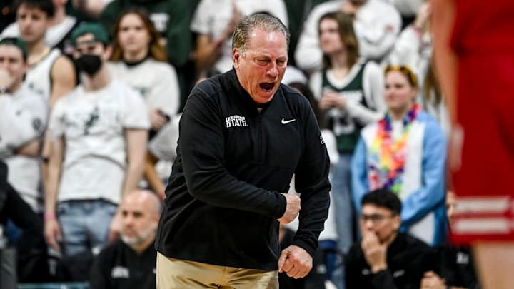 Michigan State's head coach Tom Izzo reacts to the officials during the first half against Wisconsin on Sunday, March 2, 2025, at the Breslin Center in East Lansing.