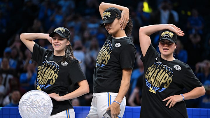 Gabriela Jaquez, Lauren Betts and Charlisse Leger-Walker put the moves on after defeating the Gamecocks in the national championship game. Gabriela Jaquez, Lauren Betts and Charlisse Leger-Walker put the moves on after defeating the Gamecocks in the national championship game.