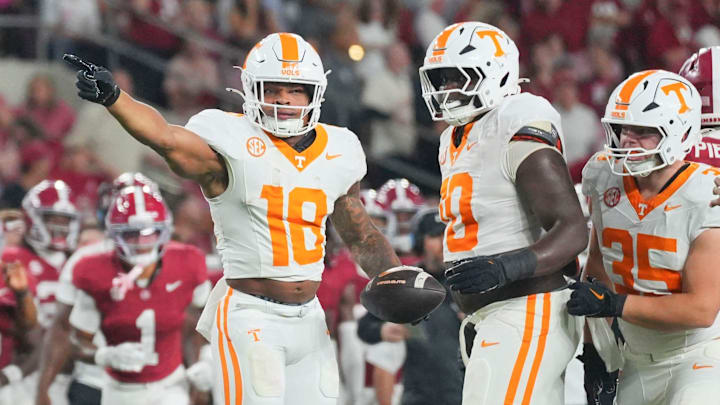 Tennessee running back DeSean Bishop (18) signals the first down during a college football game against Alabama at Bryant-Denny Stadium in Tuscaloosa, Ala., on Oct. 18, 2025.