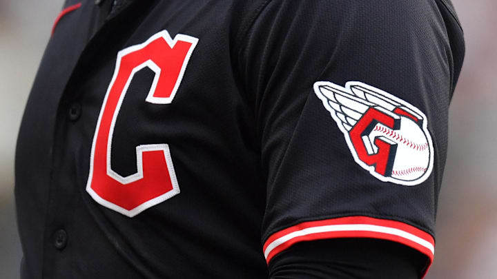 Jul 12, 2025; Chicago, Illinois, USA; A general stock view of the Cleveland Guardians logo is seen during a game against the Chicago White Sox at Rate Field. Mandatory Credit: Patrick Gorski-Imagn Images