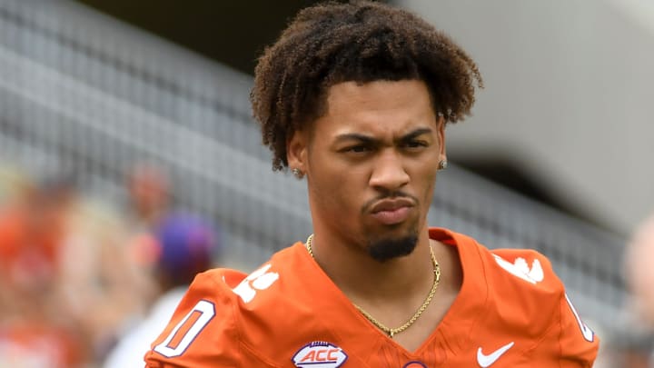 Clemson Tigers wide receiver Antonio Williams (0) watches as players warm up Saturday, Sept. 6, 2025 ahead of the NCAA football game against the Troy Trojans at Memorial Stadium in Clemson, South Carolina.