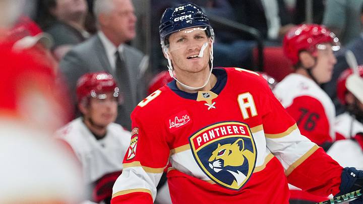 Sep 22, 2026; Raleigh, North Carolina, USA;  Florida Panthers left wing Matthew Tkachuk (19) looks on against the Carolina Hurricanes during the first period at Lenovo Center.  Mandatory Credit: James Guillory-Imagn Images
