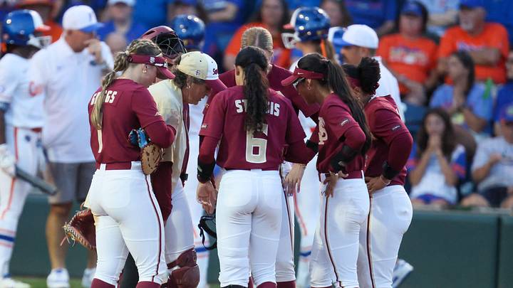 Florida State has a mound conference during a NCAA softball game at Katie Seashole Pressly Stadium in Gainesville, FL on Tuesday, April 28, 2026. [Alan Youngblood/Gainesville Sun]