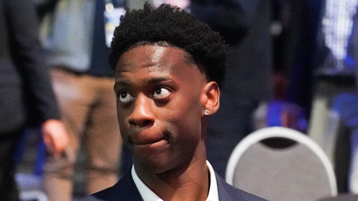 May 10, 2026; Chicago, IL, USA; BYU AJ Dybantsa sits during the 2026 NBA Draft Lottery at Navy Pier. Mandatory Credit: David Banks-Imagn Images