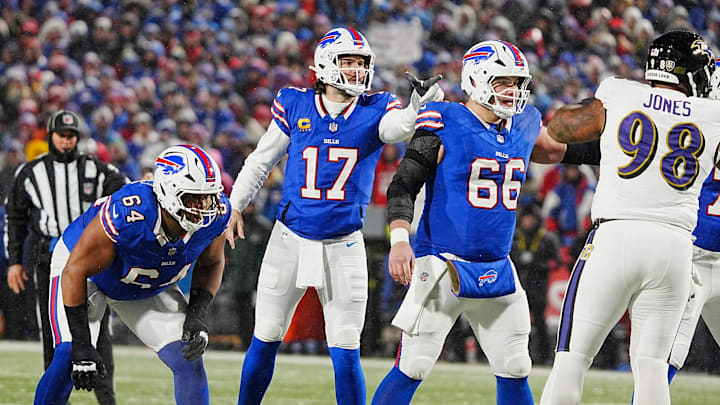 Buffalo Bills quarterback Josh Allen points to something he sees in the Ravens line up during first half action at the Buffalo Bills divisional game against the Baltimore Ravens at Highmark Stadium in Orchard Park on Jan. 19, 2025.