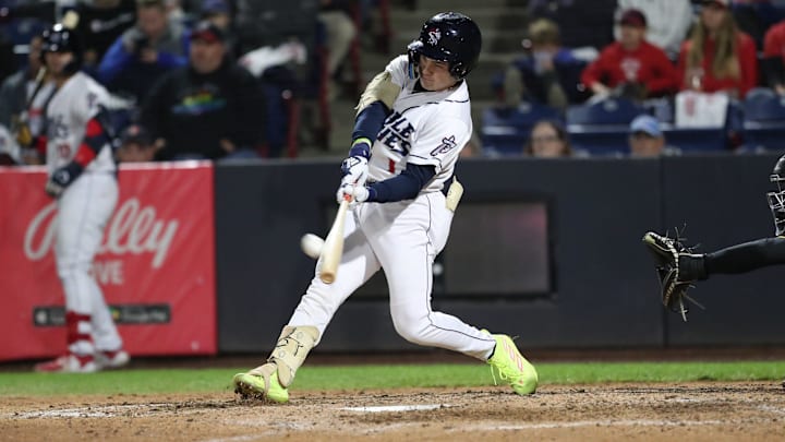 Binghamton's Drew Gilbert connects for a three-run home run, tying the game 6-6 in the bottom of the sixth inning. The Erie SeaWolves won, 9-6, in the first game of the Eastern League championship series on Sept. 25, 2023 in Binghamton.