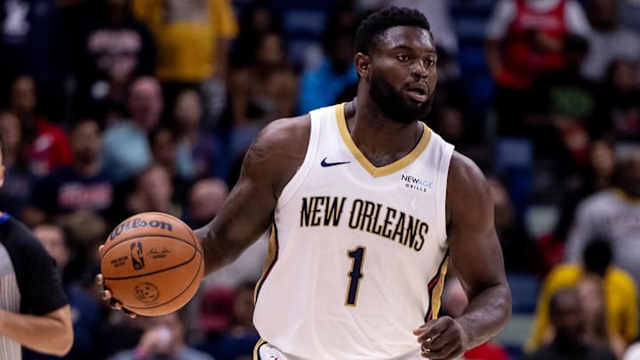 New Orleans Pelicans forward Zion Williamson (1) brings the ball up court against the Indiana Pacers during the first half at Smoothie King Center. Mandatory Credit: Stephen Lew-Imagn Images