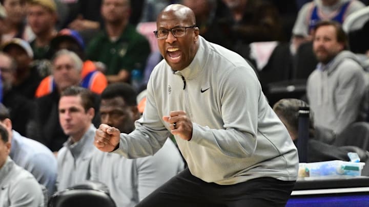 Oct 28, 2025; Milwaukee, Wisconsin, USA;  New York Knicks head coach Mike Brown reacts in the 4th quarter against the Milwaukee Bucks at Fiserv Forum. Mandatory Credit: Benny Sieu-Imagn Images