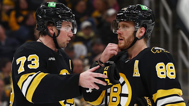 Mar 24, 2026; Boston, Massachusetts, USA; Boston Bruins defenseman Charlie McAvoy (73) talks with right wing David Pastrnak (88) during the third period against the Toronto Maple Leafs at TD Garden. Mandatory Credit: Winslow Townson-Imagn Images