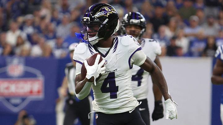 Sep 13, 2026; Indianapolis, Indiana, USA; Baltimore Ravens wide receiver Zay Flowers (4) runs with the ball for a touchdown against the Indianapolis Colts at Lucas Oil Stadium. Mandatory Credit: Trevor Ruszkowski-Imagn Images Sep 13, 2026; Indianapolis, Indiana, USA; Baltimore Ravens wide receiver Zay Flowers (4) runs with the ball for a touchdown against the Indianapolis Colts at Lucas Oil Stadium. Mandatory Credit: Trevor Ruszkowski-Imagn Images