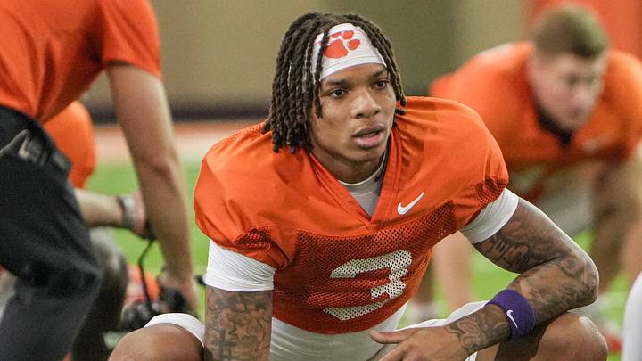Clemson receiver Tristan Smith (3) stretches during Spring football practice at the Reeves Football Complex in Clemson, SC Wednesday, March 4, 2026.