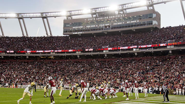 Nov 23, 2024; Columbia, South Carolina, USA; The Wofford Terriers take on the South Carolina Gamecocks in the second half at Williams-Brice Stadium. Mandatory Credit: Jeff Blake-Imagn Images