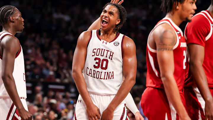 Mar 1, 2025; Columbia, South Carolina, USA; South Carolina Gamecocks forward Collin Murray-Boyles (30) celebrates a play against the Arkansas Razorbacks in the first half at Colonial Life Arena. Mandatory Credit: Jeff Blake-Imagn Images