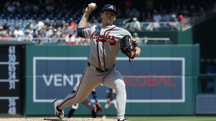 Apr 23, 2026; Washington, District of Columbia, USA; Atlanta Braves starting pitcher JR Ritchie (56) pitches against the Washington Nationals during the second inning at Nationals Park. Mandatory Credit: Geoff Burke-Imagn Images