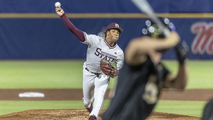 Mississippi State pitcher Jurrangelo Cijntje throws against Vanderbilt during an SEC Tournament game on May 23 at Hoover Metropolitan Stadium.