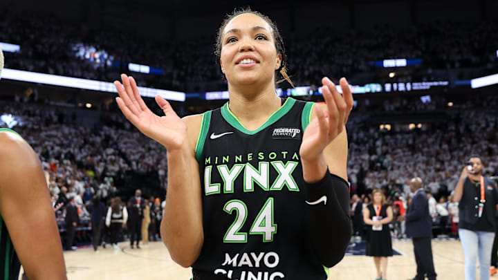Oct 18, 2024; Minneapolis, Minnesota, USA; Minnesota Lynx forward Napheesa Collier (24) celebrates her teams win after game four of the 2024 WNBA Finals against the New York Liberty at Target Center. Mandatory Credit: Matt Krohn-Imagn Images Oct 18, 2024; Minneapolis, Minnesota, USA; Minnesota Lynx forward Napheesa Collier (24) celebrates her teams win after game four of the 2024 WNBA Finals against the New York Liberty at Target Center. Mandatory Credit: Matt Krohn-Imagn Images