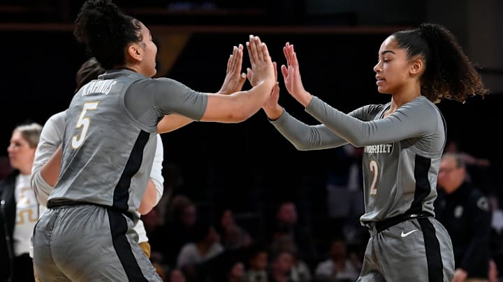 Vanderbilt’s Leilani Kapinus (5) congratulates Jada Brown (2) after their 94-40 win against Appalachian State in an NCAA college basketball game Sunday, Dec. 1, 2024, in Nashville, Tenn.