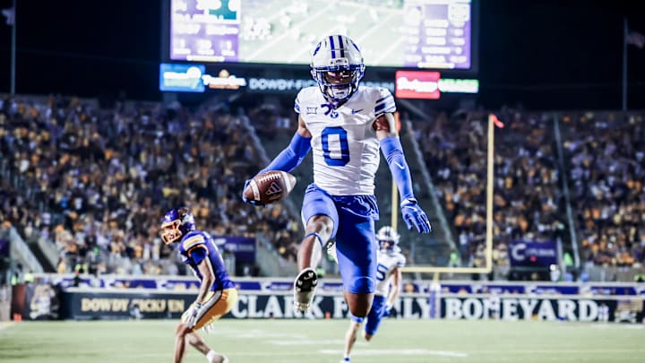 BYU cornerback Evan Johnson with an interception returned for a touchdown against ECU