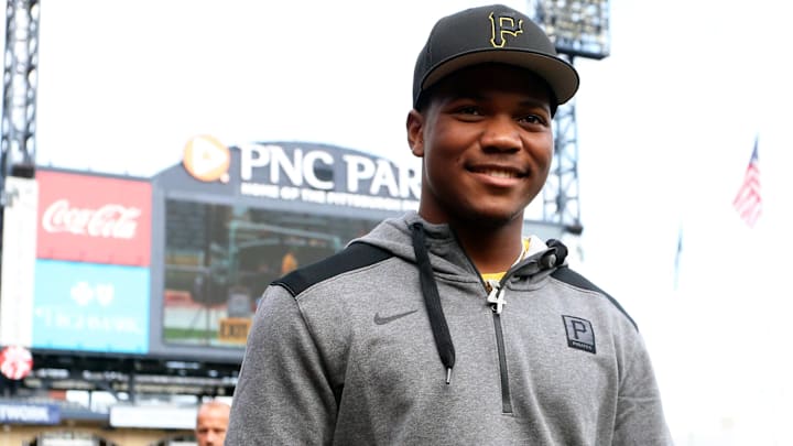 Pittsburgh Pirates first-round pick Termarr Johnson and fourth overall player drafted in the 2022 MLB Draft on the field before the Pirates host the Philadelphia Phillies at PNC Park. 