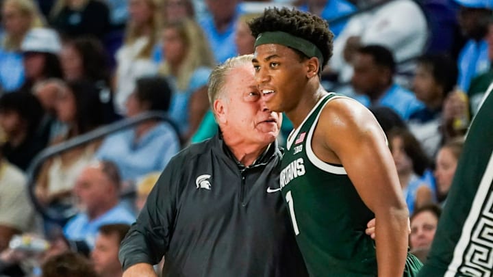 The Michigan State Spartans compete against the North Carolina Tar Heels in the Fort Myers Tip-Off Beach Division game at Suncoast Credit Union Arena on Fort Myers, Fla., on Thursday, Nov. 27, 2025.