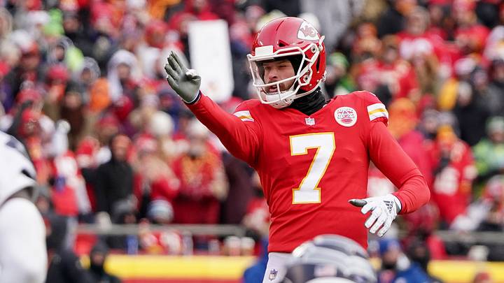 Dec 24, 2022; Kansas City, Missouri, USA; Kansas City Chiefs place kicker Harrison Butker (7) prepares to kick the point after touchdown against the Seattle Seahawks during the game at GEHA Field at Arrowhead Stadium. Mandatory Credit: Denny Medley-USA TODAY Sports
