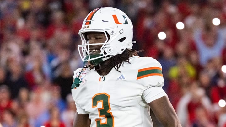 Jan 8, 2026; Glendale, AZ, USA; Miami Hurricanes wide receiver Joshua Moore (3) against the Mississippi Rebels during the 2026 Fiesta Bowl and semifinal game of the College Football Playoff at State Farm Stadium. Mandatory Credit: Mark J. Rebilas-Imagn Images