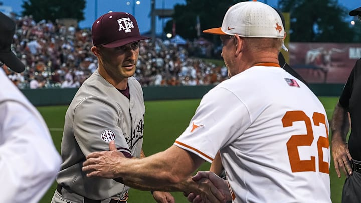 Texas A&M head coach Michael Earley meets Texas Longhorns head coach Jim Schlossnagle ahead of the Lone Star Showdown at UFCU Disch-Falk Field on Friday, April 25, 2025.