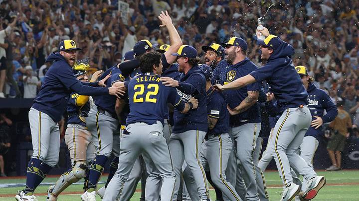 Oct 28, 2026; St. Petersburg, Florida, USA;  The Milwaukee Brewers celebrate after defeating the Tampa Bay Rays in game five of the 2026 World Series at Tropicana Field.  Mandatory Credit: Nathan Ray Seebeck-Imagn Images