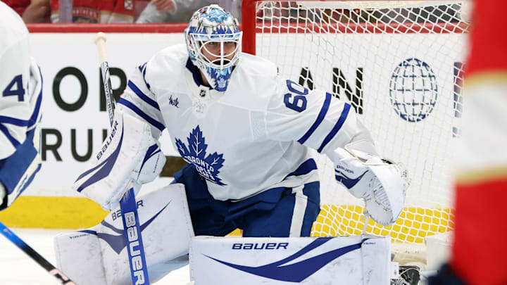 May 11, 2025; Sunrise, Florida, USA; Toronto Maple Leafs goaltender Joseph Woll (60) looks on against the Florida Panthers during the second period in game four of the second round of the 2025 Stanley Cup Playoffs at Amerant Bank Arena. Mandatory Credit: Kim Klement Neitzel-Imagn Images