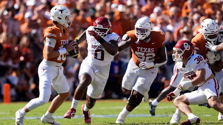 Texas is favored against Oklahoma in Week 6 of the college football season. Texas is favored against Oklahoma in Week 6 of the college football season.