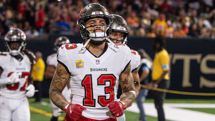 Oct 13, 2024; New Orleans, Louisiana, USA;  Tampa Bay Buccaneers wide receiver Mike Evans (13) runs on the field agains the New Orleans Saints during the first half at Caesars Superdome. Mandatory Credit: Stephen Lew-Imagn Images